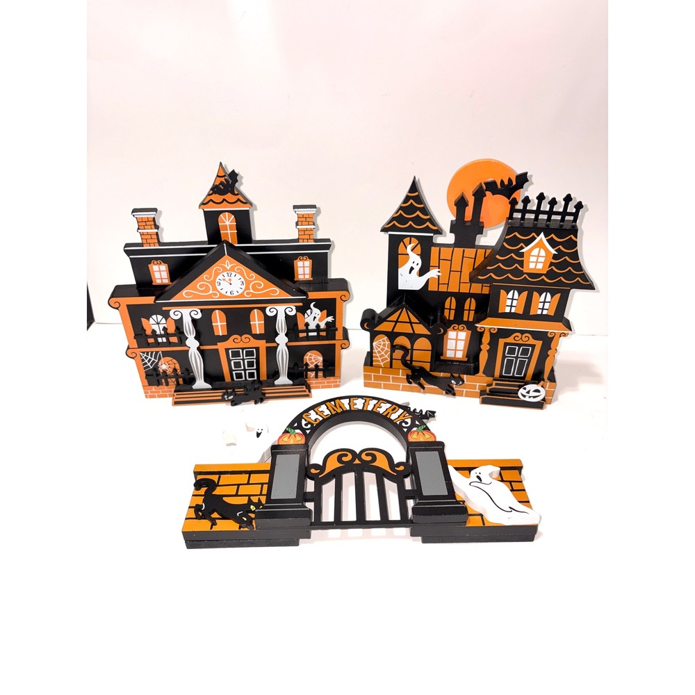 Hyde and Eek Boutique Halloween Wood Haunted House Cemetery Gate Decor Set 3pc